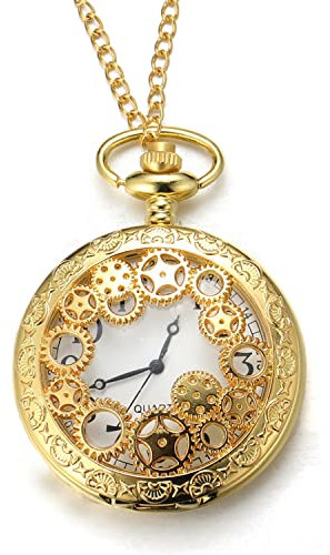 Halukakah Herren Taschenuhr mit Kette Quarz 18K Echt Vergoldet Vintages Zahnradmuster Römische Ziffernskala, mit 2 Ketten Set Taschenkette+Halskette, KOSTENLOSE Geschenkbox