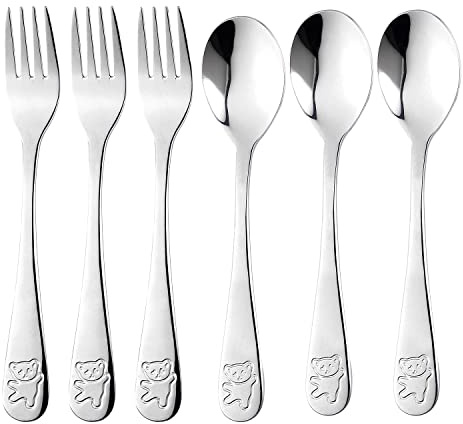 6 Pezzi Posate Bambini in Acciaio Inox, Set Posate Bambino-3 Forchetta Bambini e 3 Cucchiai Bambini per Bambino, Casa Scuola Uso(Orso, Argento)