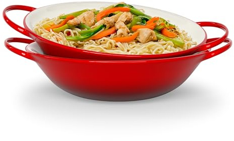 Kook Mini Wok platos de cerámica, cuencos de gres, para sofreír, sopas y pastas, apto para horno, lavavajillas y microondas, rojo cereza, 40 onzas, juego de 2