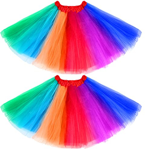 2 Pack Tutu Skirt for Women Adult Rainbow Tulle Skirt 3 Layer Fluffy Tutu for Rave Party Halloween 80s Costume(Rainbow Color)