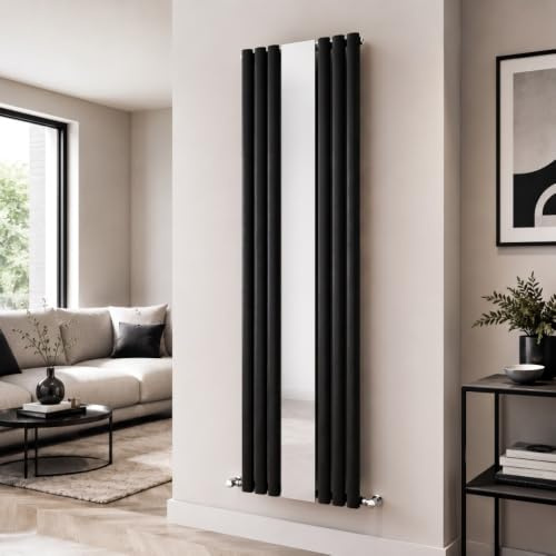 Go Bathrooms Tall Black Vertical Radiator With Mirror 1800mm x 500mm Double Panel Radiator Black Oval Columns Tall Full Length Mirror Design Living Room Bedroom Central Heating |Gala