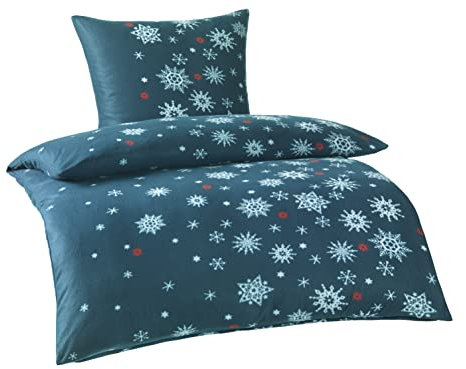 BaSaTex Winter Flausch Bettwäsche Bett Garnitur 2-teiliges Set | 155x220 + 80x80 cm | 100% Microfaser Fleece Thermofleece | Schneeflocken Smaragd