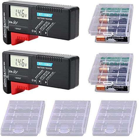 GTIWUNG 2Pcs Analogue Small Battery Tester Universal Battery Checker Multi Size Volt Checker for AA AAA C D 9V 1.5V Button Cell Batteries, BT-168D + 5 Pcs AA/AAA Cell Battery Storage Case Holder Box