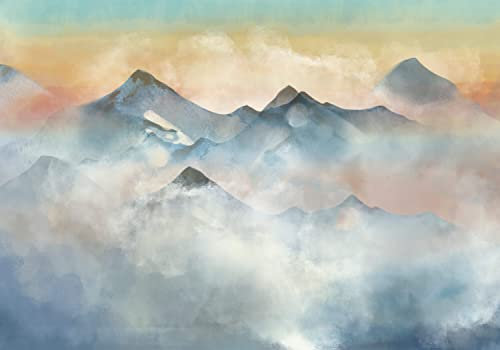 decomonkey Premium Fototapete Berge Landschaft 450x315 cm Design Tapete XXL Fototapeten Vlies Tapeten Vliestapete Wandtapete moderne Wand Schlafzimmer Wohnzimmer Abstrakt Natur Sonnenuntergang Blau