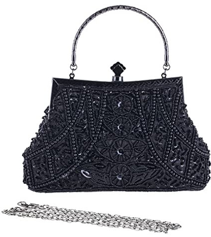 Egurs Handtasche 20er Jahre Stil Damen Vintage Perlen Abendtasche Clutch Handtasche Schultertasche Elegant Umhängetasche Hand-Tasche Geldbeutel für Hochzeit Braut Abschlussball Party Schwarz
