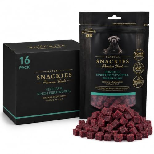 SNACKIES 16er-Pack (à 170g) Hundeleckerli Rindfleischwürfel Premium Snacks für Hunde ohne Zusatz von Getreide, Zucker, Farb-, Aroma- und Konservierungsstoffe, luftgetrocknete Leckerli
