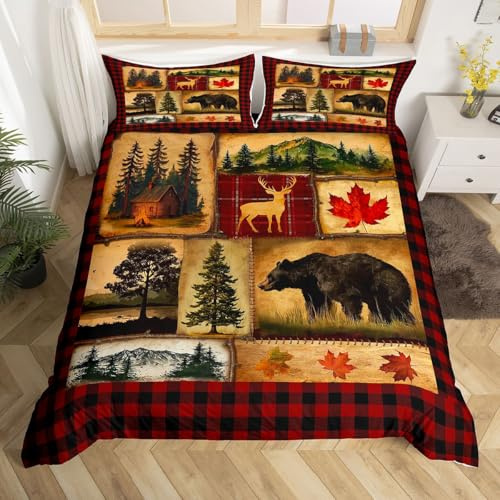 Bear Cabin Plaid Duvet Cover King, Rustic Farmhouse Comforter Cover, Retro Hunting Deer Bedding Set, Country Woodland Pine Tree Bed Cover, Maple Leaf Lodge Decor Quilt Cover, Red Black Brown