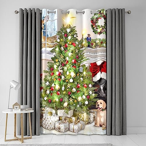 Fusion Christmas Tree & Dogs Eyelet Curtains – W55 x L84 (138 x 214cm) – Golden Retriever Puppy Print – Festive Drapes for Bedroom & Living Room Decoration – 2 Panels, Green