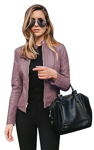 OMZIN Chaqueta De Cuero Artificial Con Cremallera Para Mujeres Chaqueta De Motocicleta Delgada Chaqueta De Motocicleta Con Cuello Abrochado Púrpura M