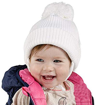 Generisch Baby Mütze Neugeborenen Winter Babymütze Wintermütze weiß neutral mit Bommel 6640 Gr. 36
