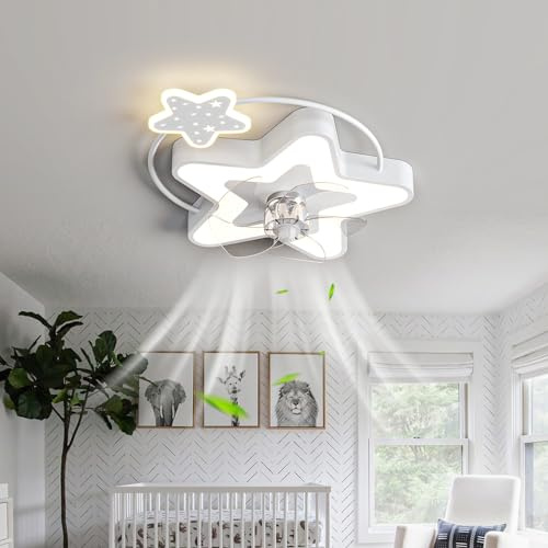 Caufloce Bambino Pale Da Soffitto Con Luce Reversibile Dc Dimmerabile Ventilatore Da Soffitto Con Luce E Telecomando Timer 6 Velocità Plafoniera Con Ventilatore Per Camera Dei Bambini-White Stars