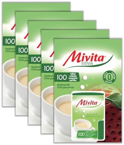 Mivita Stevia Sweetener Tablets, Pack of 5 (500 tablets total, 100 per dispenser) – Zero-calorie sugar alternative, lactose-free, gluten-free, zero glycemic index, pocket-sized dispenser for on-the-go