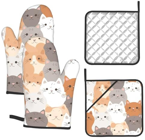 Ofenhandschuhe und Topflappen 4er Set Ofenhandschuhe zum Kochen Orange Katzen Küche Ofenhandschuhe Hitzebeständige Grillhandschuhe Rutschfester Kochhandschuh für Unisex Backen