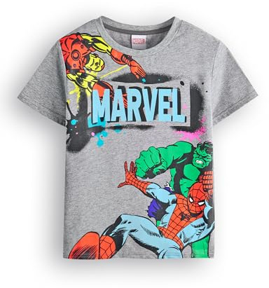 Marvel Avengers Boys T-Shirt | Kids Superhero Short Sleeve Graphic Tee in Grey | Spiderman The Incredible Hulk Iron Man Graffiti Style Comic Book Apparel Top | Film Movie Art Merchandise Gift