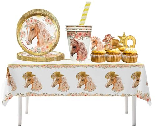 Pferd Geburtstag Party Geschirr Set, Pferd Geburtstag Dekorationen,Pappteller, Pappbecher, Papiertischdecken, Kindergeburtstag Party Dekorationen,Zubehör für 15 Gäste
