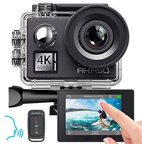 AKASO Action Cam 4K60FPS, Unterwasserkamera 40M Wasserdicht 20MP WiFi Actioncam mit EIS Stabilisierung, 8X Zoom,Sprachsteuerung, Fernbedienung, Zubehör Kit -V50 Elite