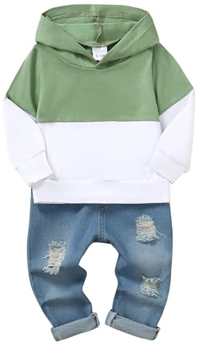 Lufebut Completini Bambino Ragazzi Neonati Set di Abiti da Maniche Lunghe Felpa con Cappuccio + Pantaloni in Denim Bambino Outfit Set di Vestiti Verde 3-4 anni