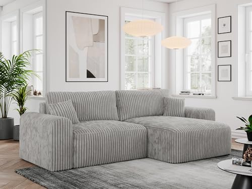 MKS MEBLE Ecksofa Nelson L-Form mit Schlaffunktion & Bettkasten, Schlafcouch 140x225 cm, Wellenfedernfür, Sofa für Wohnzimmer, Couch mit Schlaffunktion - Hellgrau Cord
