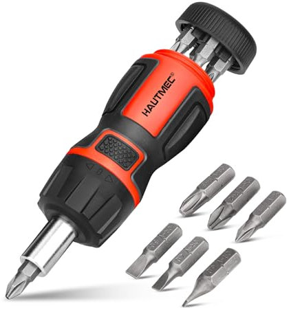 HAUTMEC 7-in-1 Stubby Ratcheting Screwdriver Set, Ratchet Short Screwdriver Set with Multi Bit Screw Driver Tool All in One, Chrome Vanadium Steel Shaft 3PCS Phillips and 3PCS Slotted