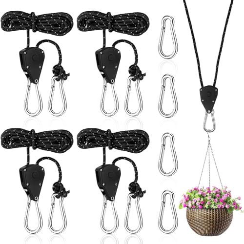 4 Stück Ratchet Hanger Verstellbarer Seilaufhänger 2M, 1/8 Zoll Ratschenseil Seilzugratsche Ratschenhaken Einstellbare Seil Seilhaken Ratsche Seilratsche für Zimmerpflanzen Freien Zelt (Schwarz)