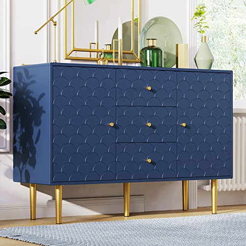 IDEASY Sideboard, Kommode mit 2 Türen und 3 Schubladen, Highboard mit verstellbarem Einlegeboden, für Wohn-/Schlafzimmer, 82x120x40cm, Blau