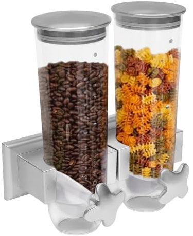 LoyaltyClivia Müslispender Doppelt Wandmontage Cerealienspender Cornflakes Spender Snackspender mit 2 Kleinen Tassen, Silber/Schwarz,11.4 X5.9x11.81inch (Silber)