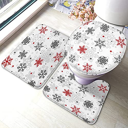 Badezimmer Teppiche Set 3 Stück Weihnachtsschneeflocken Groß Klein Rot Grau Weiche U-Förmigen Contour Matte Dekorative Wc-Deckelabdeckung Shaggy rutschfeste 3 Badteppich Set