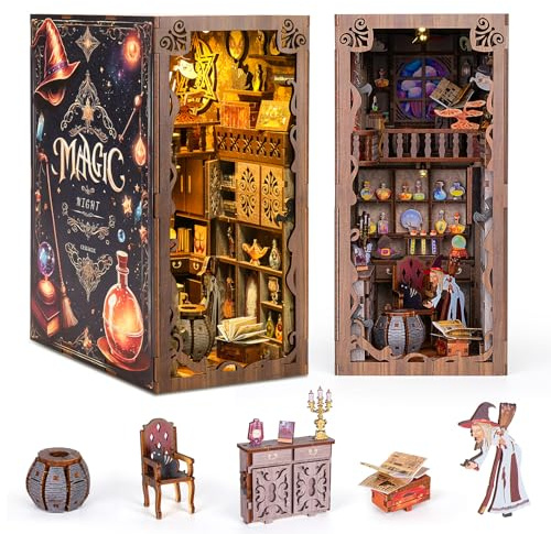 ITEFDTUTNE Book Nook Kit für Erwachsene, DIY Miniatur Puppenhaus Booknook Kit mit Led-Licht, 3D Holz Bücherregal Puzzle Booknook einfügen Dekor Handwerk für Erwachsene Teenager Geschenke, Magic Night