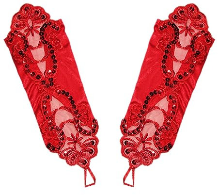 Anevous Spitzen Pailletten Handschuhe Damen Klassische Handschuhe 1920er Jahre Elastisch Fingerlose Brauthandschuhe Tanzhandschuhe für Damen Braut, Hochzeit Bankett Party,Rot