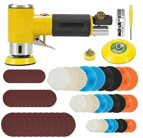 Amoladora húmeda Mini lijadora de aire Orbital de 2/3 , pulidora neumática, amoladora, pulidora Orbital de doble acción, juego de papel de lija de 80 Uds. Pulido más fácil, mejor y más rápido(HF-942