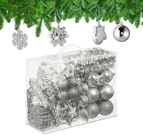 Relaxdays Set 100 Bolas Árbol Navidad, Bolitas Navideñas Brillantes, con Purpurina y Mate, 10 Diseños, Plata