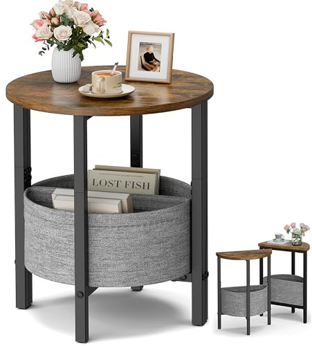 Vagusicc Small Round Side Table, Accent End Table with Storage Basket, Set of 2 Half Round Coffee Table End Table, Half Moon Bedside Table, Modern Nightstand Couch Table for Living Room Bedroom, Brown