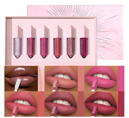 6PCS Diamond Lip Gloss Set, Matte & Pearlescent Finish, Long Lasting Waterproof Liquid Lipstick Set, High-Pigment Formula Liquid Lipstick for Girls and Women (Diamond Lipgloss SetA)
