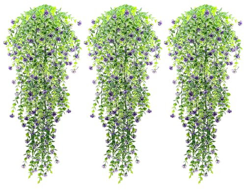 VEGCOO 3 Pcs Artificial Hanging Flowers, UV-Resistant Fake Hanging Plants Flowers Bouquet Faux Vine Plants for Wall Home Garden Yard Patio Wedding Indoor Outdoor Decoration(Purple)