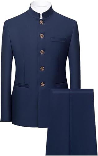 JEShifangjiusu Costume Tunique Chinoise 2 Pièces Uniforme Traditionnelle pour Hommes Ensemble Blazer à Col Mandarin Ensemble Pantalon Veste Boutonnée Robe de Marié (Bleu Saphir,M)