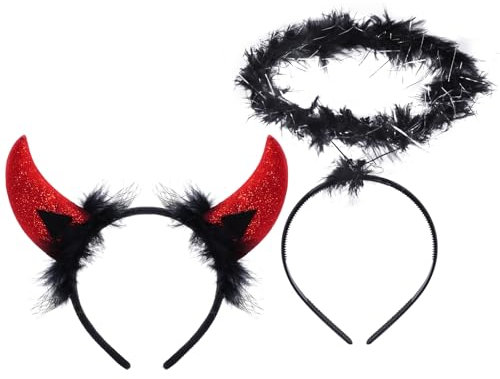 baotongle Teufelshörner Haarreifen Heiligenschein Schwarz Haarreifen Teufel Kostüm Accessoire für Karneval Halloween Kostüm (Rot/Schwarz)