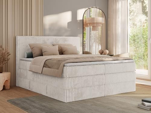 MKS MEBLE Boxspringbett mit Matratze H3, Bett mit Bettkasten und Stauraum, Doppelbett mit Kopfteil, Polsterbett 200x200 mit Topper T25 - Tiliano King - Cord Beige