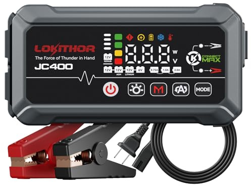 LOKITHOR JC400 9-in-1 Batterieladegerät und Starthilfegerät, 2500A 12V für Autos bis 8,5L Benzin/6,5L Diesel, 750mA/1 A/2 A, 6V/12V Autobatterie-Erhaltungsladegerät, Erhaltungsladegerät und Desulfator