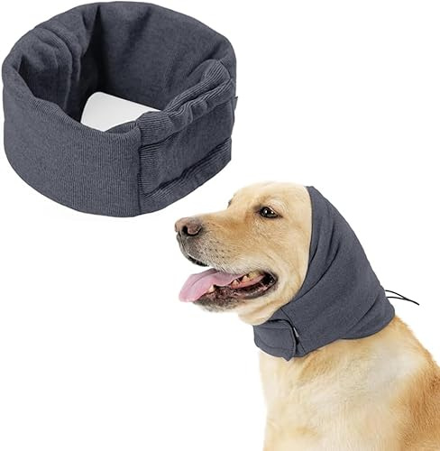 Beruhigende Ohrenschützer für Hunde, Haustier Ohrenklappe Kopfwickel, Einstellbare Klettverschluss Hund Ohrenwärmer für Angst Relief Haustier (grau, L)