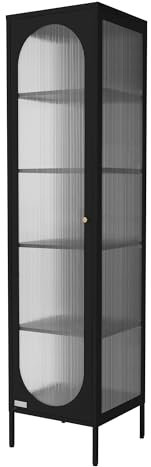 ML-Design Vitrinenschrank 42x175x40 cm, Schwarz, Schmale Vitrine mit 5 Ablagen und 1 Tür, Wohnzimmer Metallschrank aus Stahl, Industrieller Stil, Hochschrank Bücherschrank Aktenschrank Büroschrank