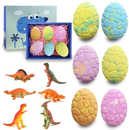 Bombe da Bagno Bambini con Sorpresa 6 Pezzi,Bombe da Bagno Dinosauri Bambini Naturali,Set Compleanno Regalo,Natale,San Valentino,Pasqua Regalo per Ragazze Ragazzi