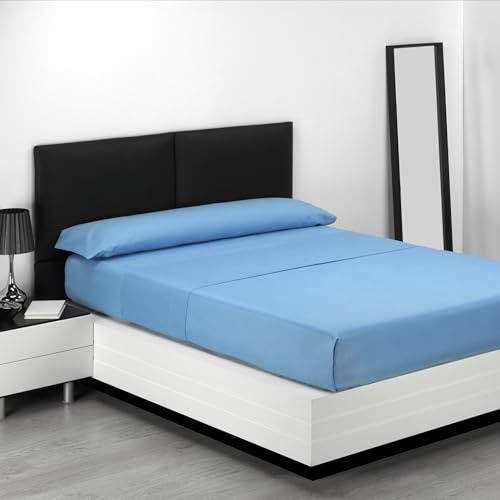 Sábanas 200x200 - Juego de Sábanas 4 Piezas - 100% Microfibra Suave y Transpirable - Sábana Bajera Ajustable, Encimera y 2 Fundas de Almohada - Ropa de Cama Lisa y Elegante (Cielo)