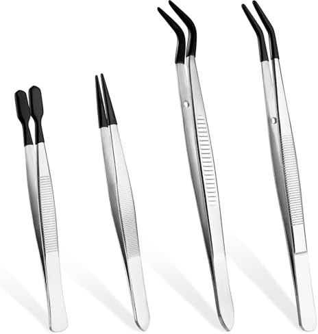 4 Pcs Stainless Steel Tweezers Set with Rubber Tips Tweezers Sewing Machine Tweezer Straight& Flat &Long Bent End Pincers Universal Tweezer for Jewelry Craft Coin Stamp Beads Lab Tongs