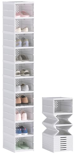 HOMCOM - Cajas de almacenamiento de zapatos plegables para zapatos de plástico apilables, almacenamiento de zapatos con tapas, para tallas de hasta 43, color blanco, 26 x 35 x 174 cm