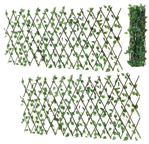 Japard Wood Lattice Panels with Artificial Ivy, Expandable Greenery, Trellis Screening for Outside Patio, Balcony, Garden, Backyard, Indoor Outdoor Home Decoration (Natural Wood - 2 Panel_)