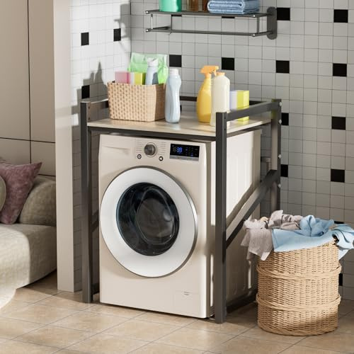 Estante de almacenamiento para lavadora, organizador de lavandería ajustable en altura con cesta de alambre y varillas colgantes, estante independiente que ahorra espacio para baño, unidad de