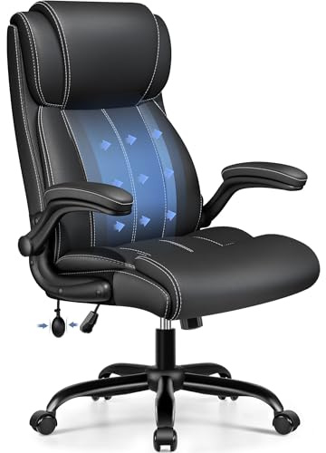 BESTFAIR Ergonomic Office Chair - Desk Computer Chair, Leather High Back Executive Chairs with Adjustable Lumbar Support & Flip Up Arms, Rocking, Black