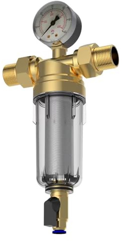 Professional Sediment Filter with Backwash Valves Strong Brass Water Pre Filter for Residential Water Supply Lines Strong Pre Treatments with Gauges