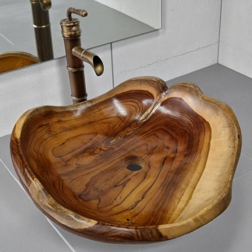 Kinaree Lavabo redondo de madera de teca único, cuenco hecho a mano en 50 cm de diámetro para cuarto de baño, lavabo macizo natural, diseño de cuenco de lavado