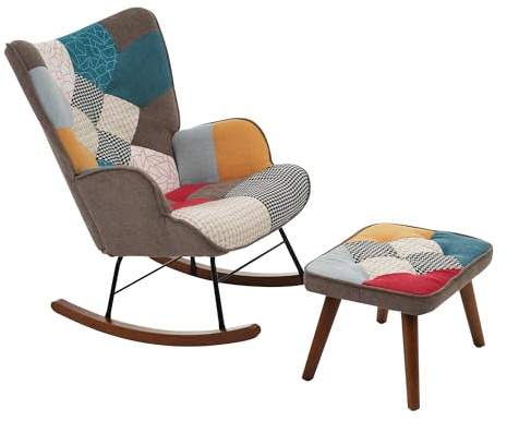 Eleganz Schaukelstuhl Schaukelsessel mit Hocker: Rocking Chair Metall für Drinnen & Draußen, Armlehnsessel für Schlafzimmer, Wohnzimmer, Balkon